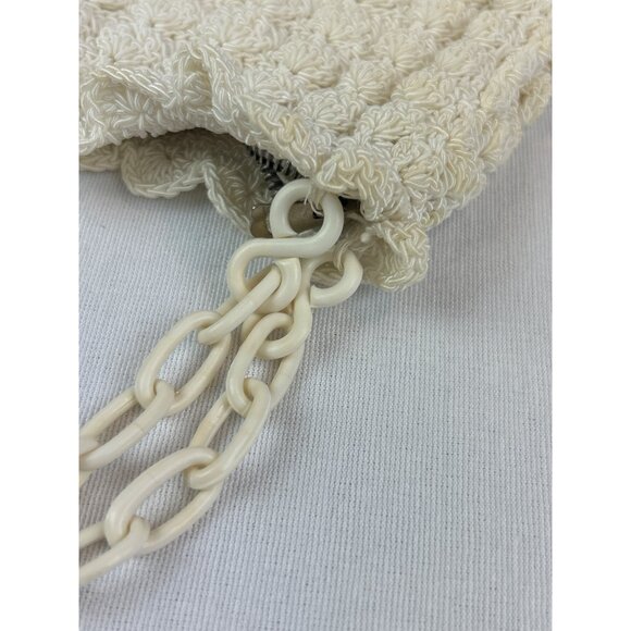Vintage Cream Crochet Handbag Plastic Chain Double Strap Zipper Closure - Picture 5 of 11